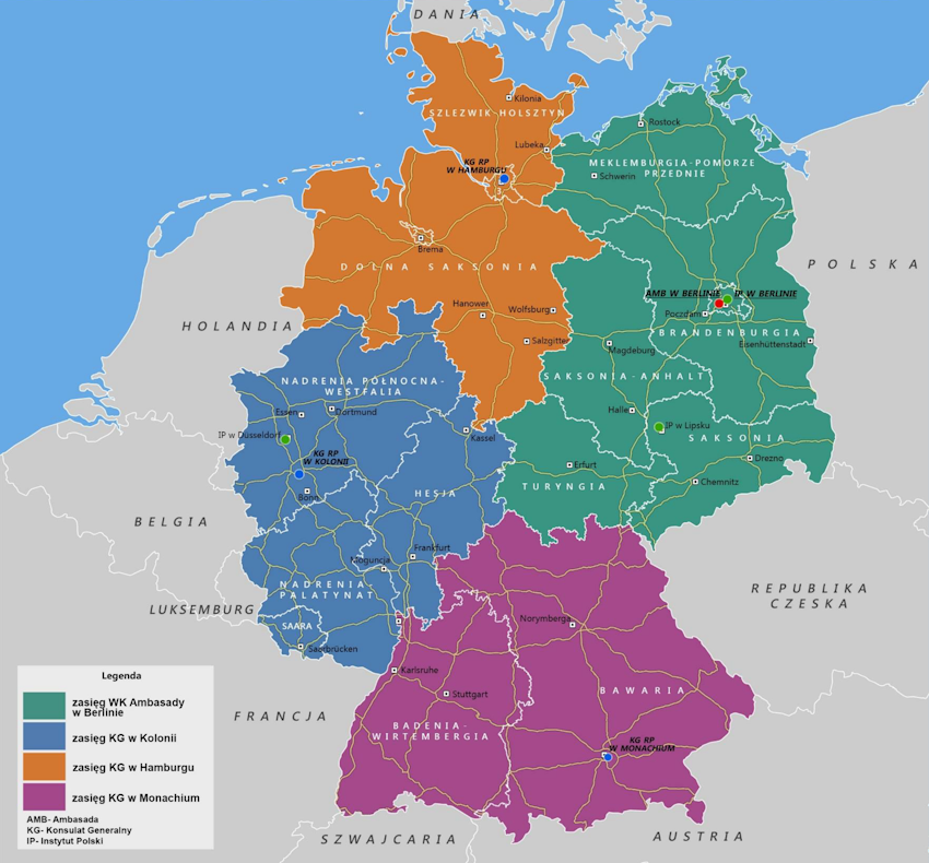 Zasięg terytorialny okręgów konsularnych w Niemczech